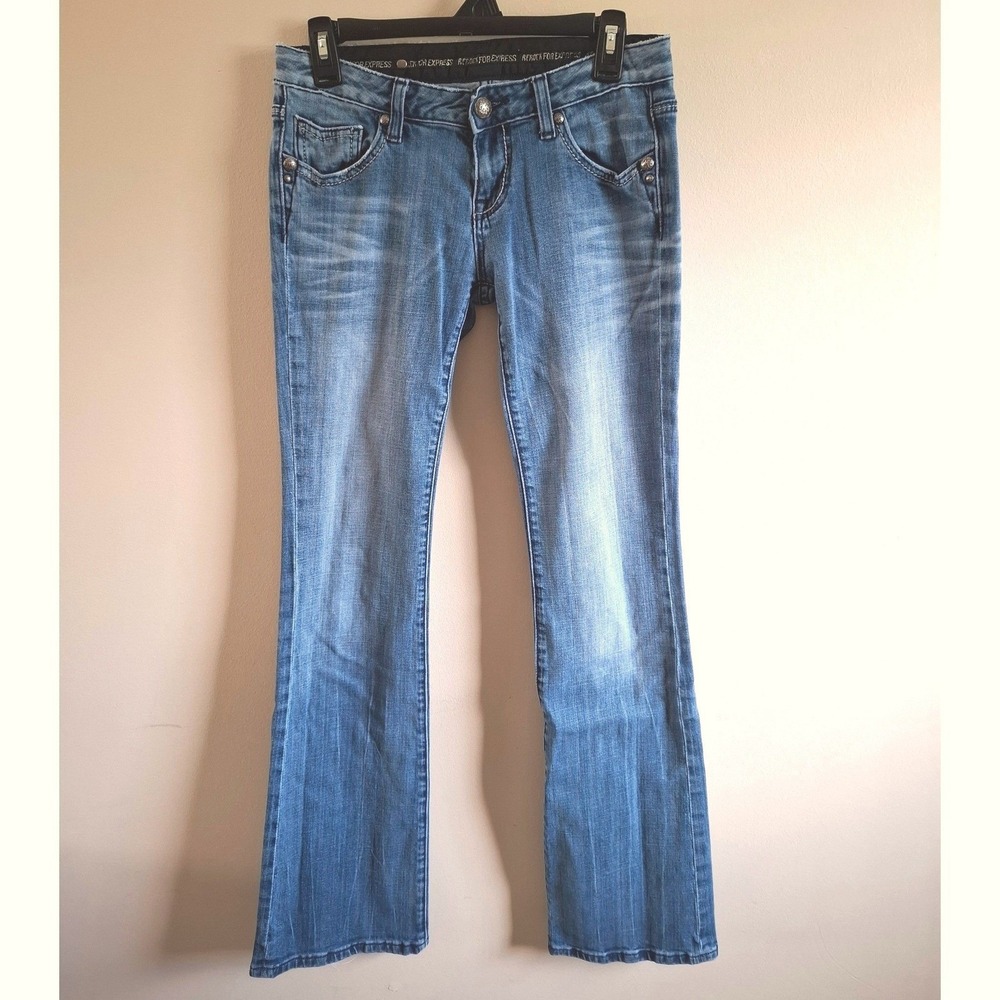 Y2K Low Rise Denim Faded Med Wash Rerock Jeans Streetwear Embroidered Metallic 4
